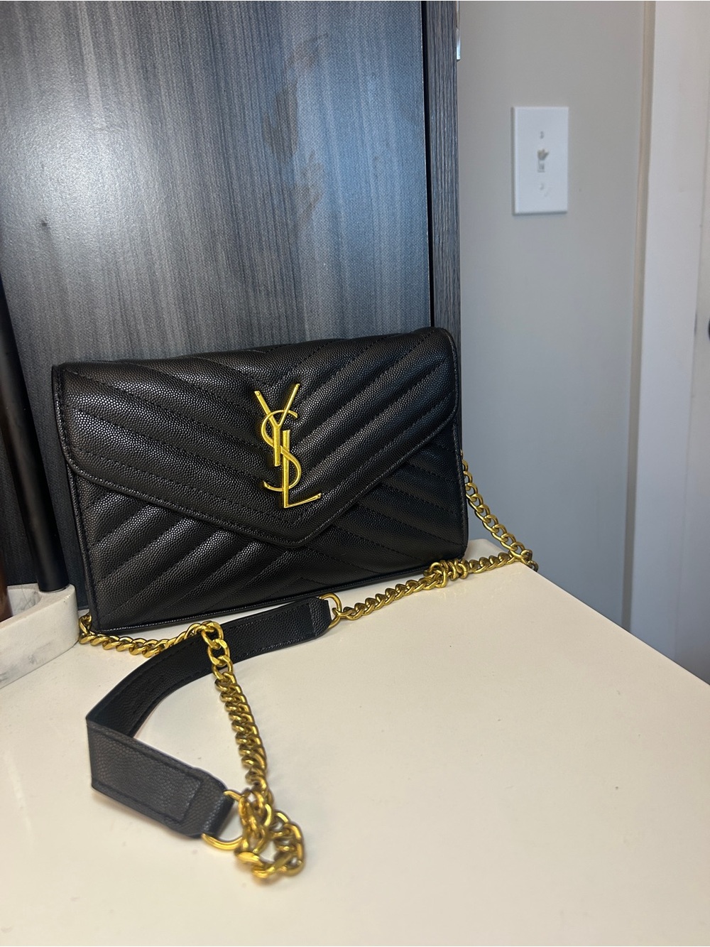 Saint Laurent Black Quilted Envelope Chain Wallet